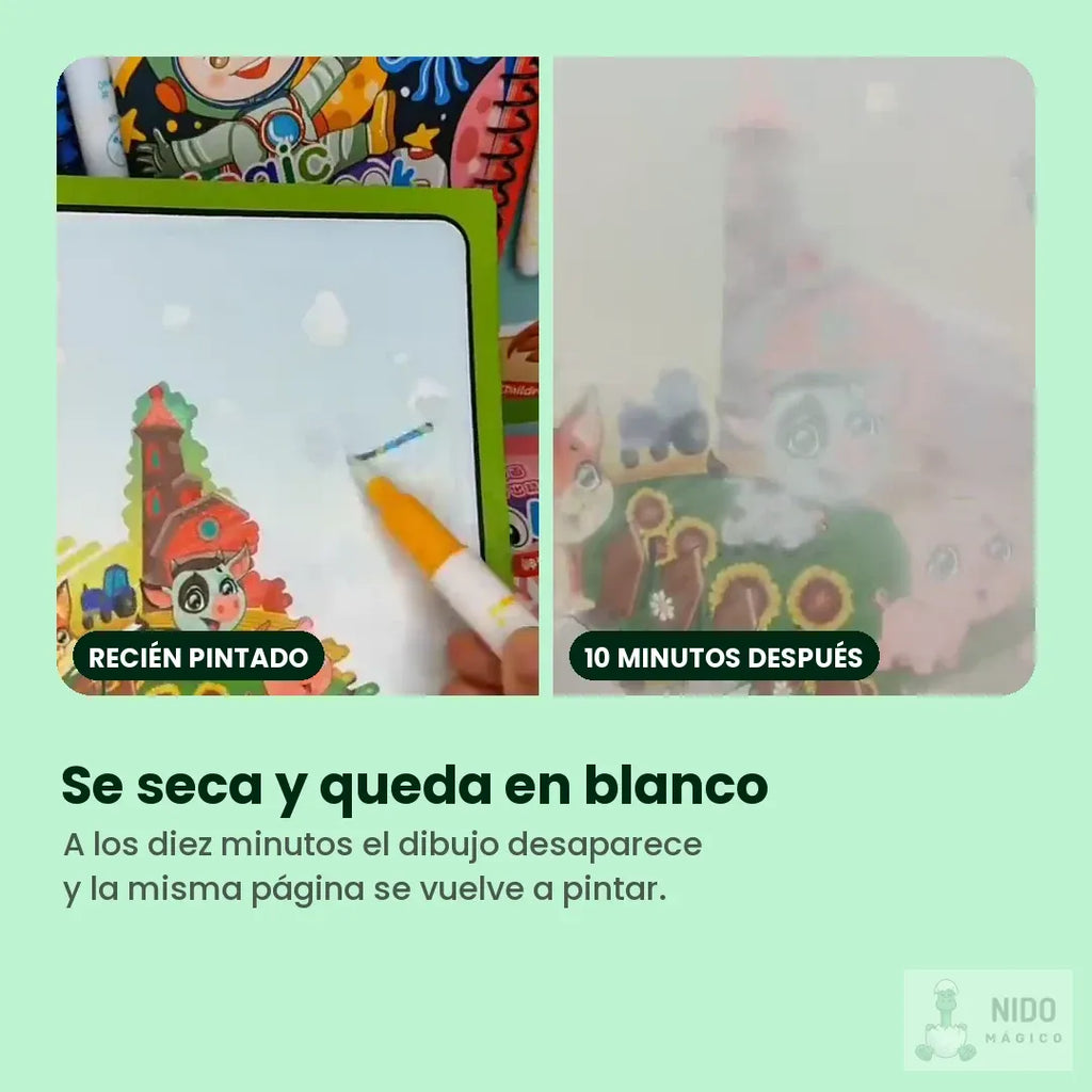 El dibujo recién pintado y la misma página diez minutos después, en blanco