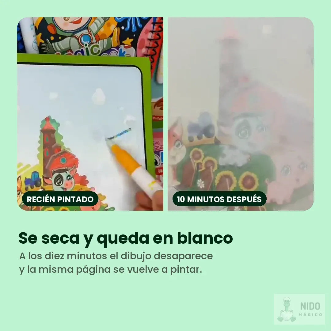El dibujo recién pintado y la misma página diez minutos después, en blanco