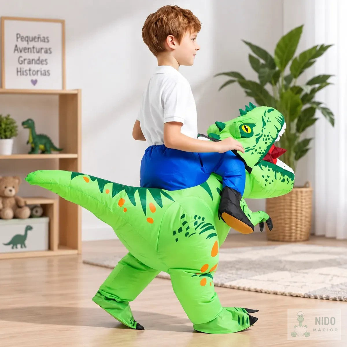 Niño montado en el disfraz inflable de dinosaurio T-Rex