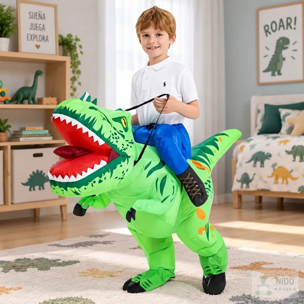 Disfraz inflable de dinosaurio en la habitación