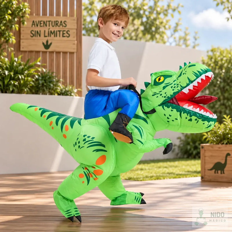 Niño con el disfraz inflable de dinosaurio