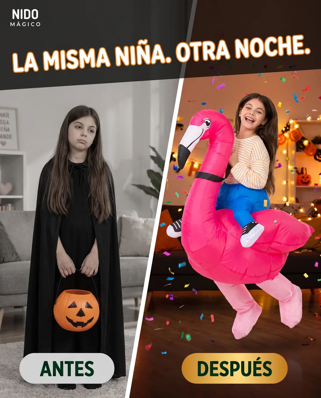 Antes con una capa negra, después con el disfraz inflable de flamenco