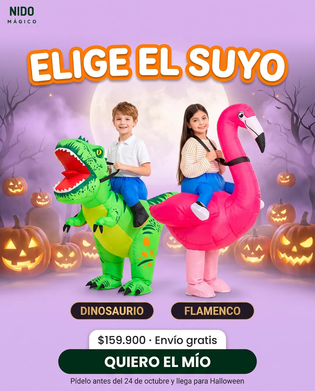 Elige entre el disfraz inflable de dinosaurio y el de flamenco