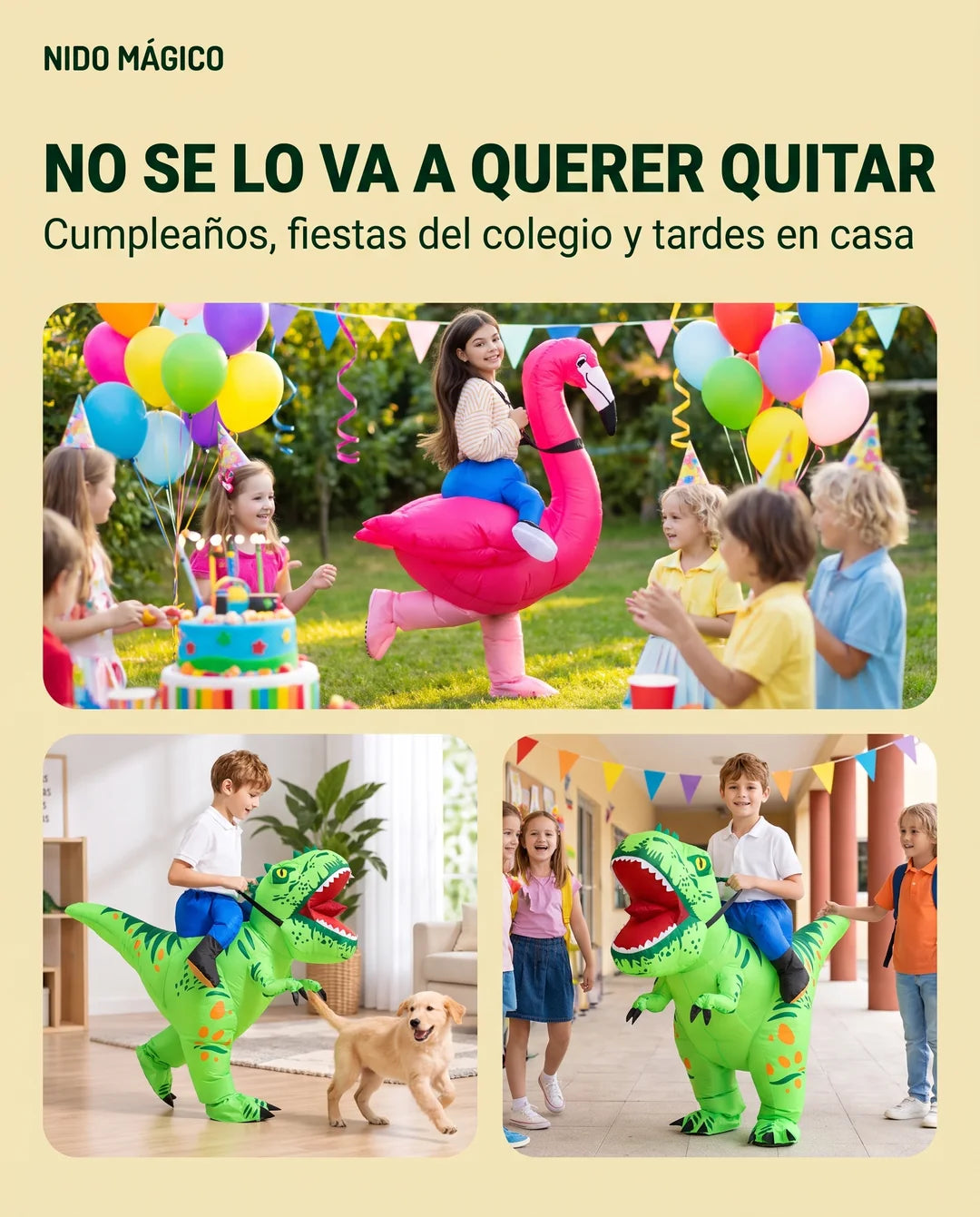 El disfraz inflable usado en un cumpleaños, en casa y en el colegio