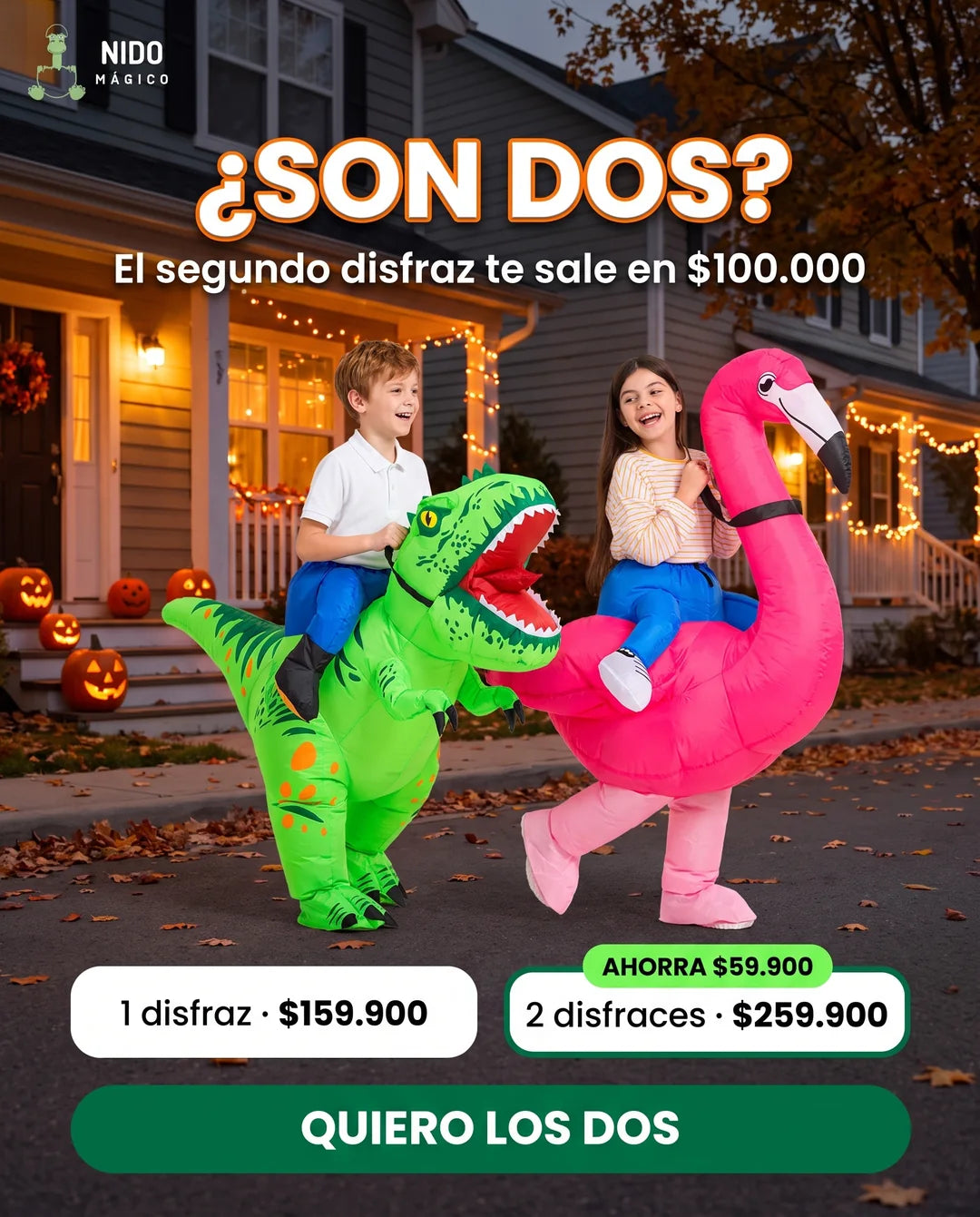 Dos hermanos con el dinosaurio y el flamenco: el segundo disfraz sale en 100.000 pesos