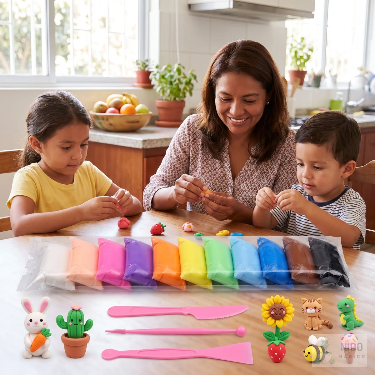 Mamá e hijos moldeando juntos