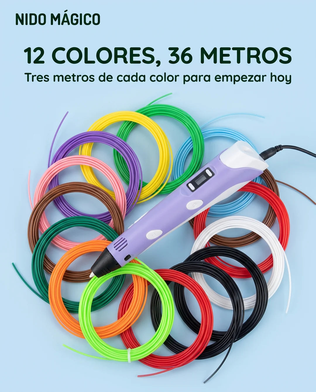 Los 12 filamentos de colores con el lápiz 3D