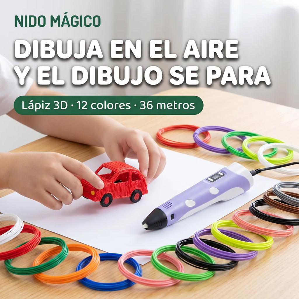 Manos de un niño levantando un carro hecho con el lápiz 3D