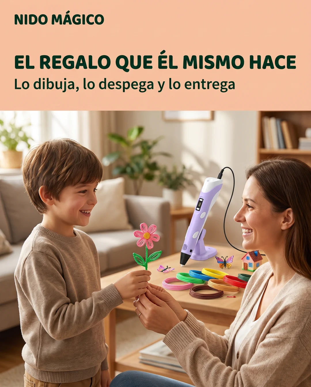 Un niño entrega a su mamá una flor hecha con el lápiz 3D