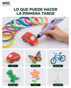 Seis figuras hechas con el lápiz 3D: carro, mariposa, bicicleta, dinosaurio, flor y torre Eiffel