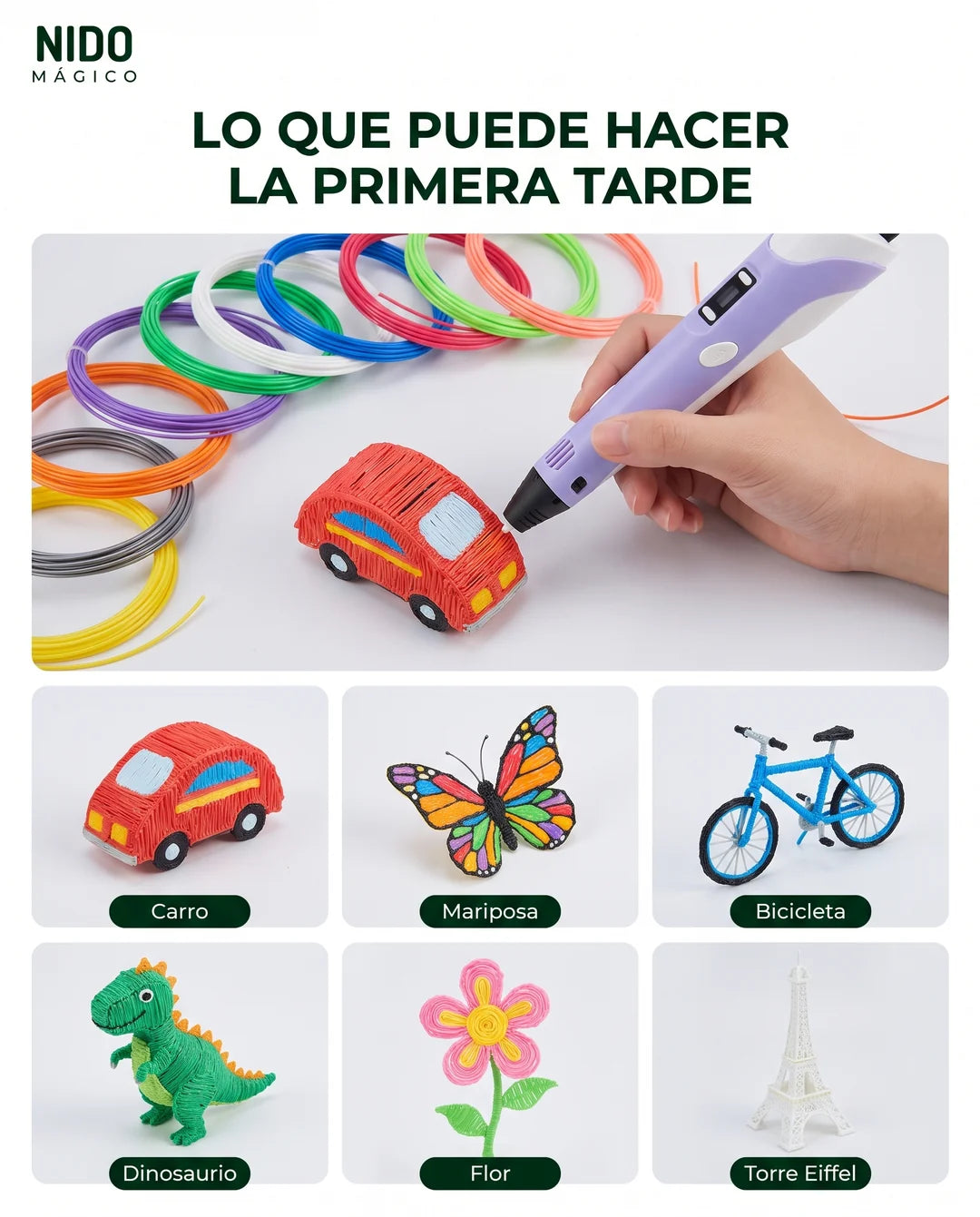 Seis figuras hechas con el lápiz 3D: carro, mariposa, bicicleta, dinosaurio, flor y torre Eiffel