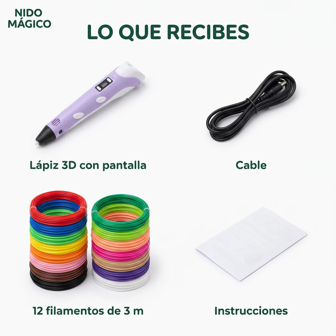 Lo que trae la caja: lápiz 3D, cable, 12 filamentos e instrucciones