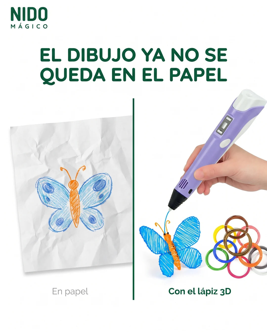 Una mariposa en papel frente a la misma mariposa hecha en 3D