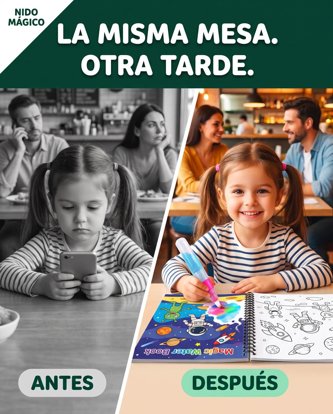 Antes con el celular en la mesa, después pintando el Libro Mágico de agua