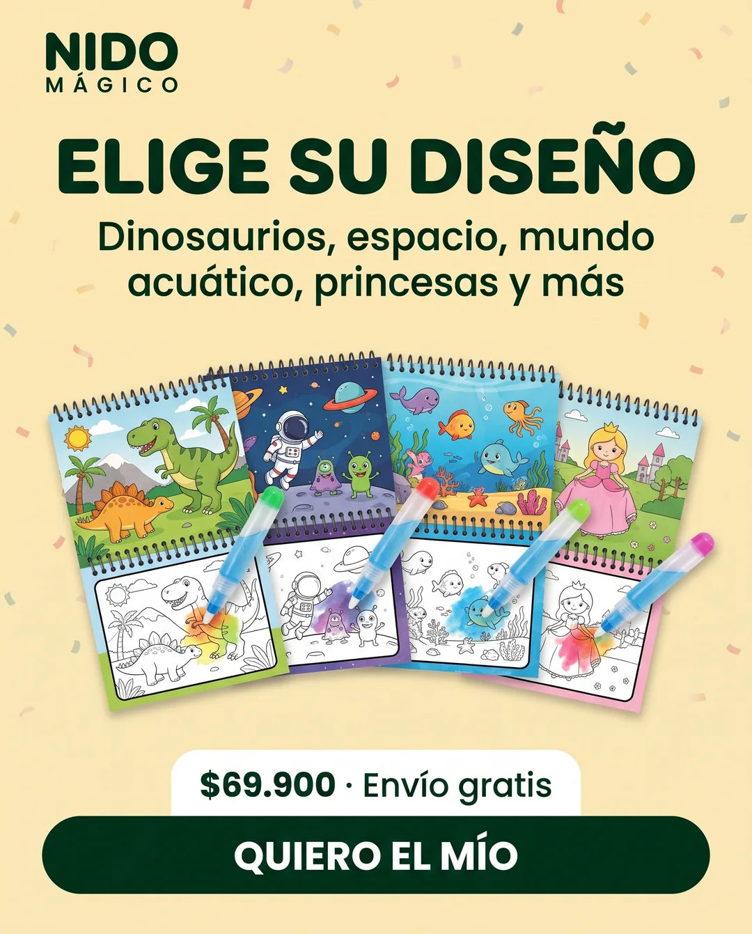 Diseños del Libro Mágico: dinosaurios, espacio, mundo acuático y princesas
