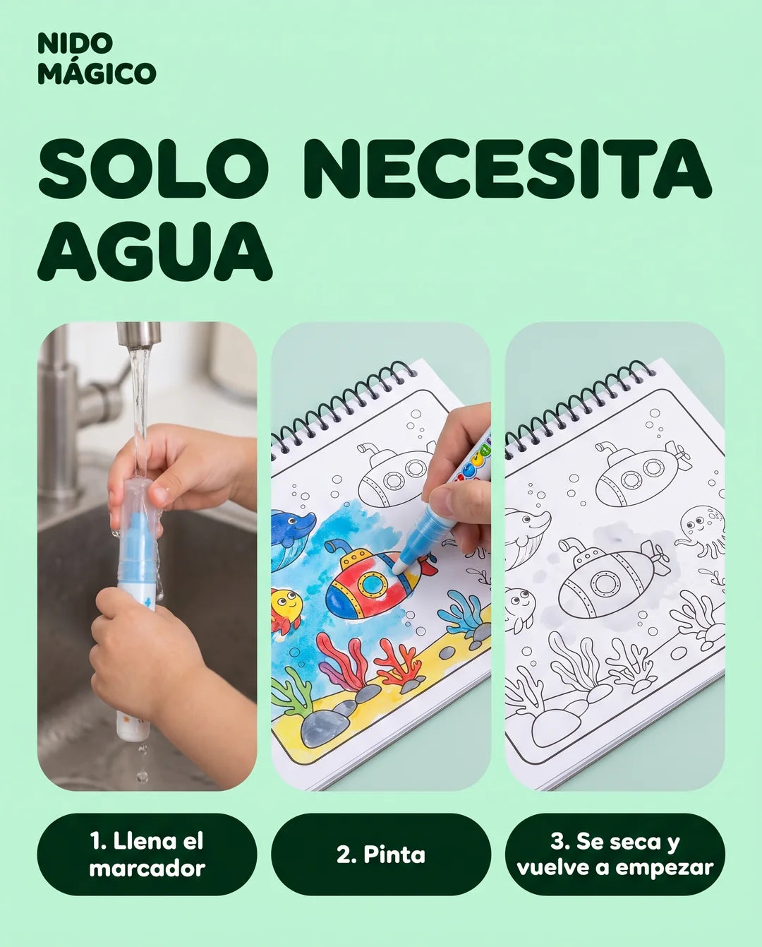 Se llena el marcador con agua, se pinta y la página se seca para volver a empezar