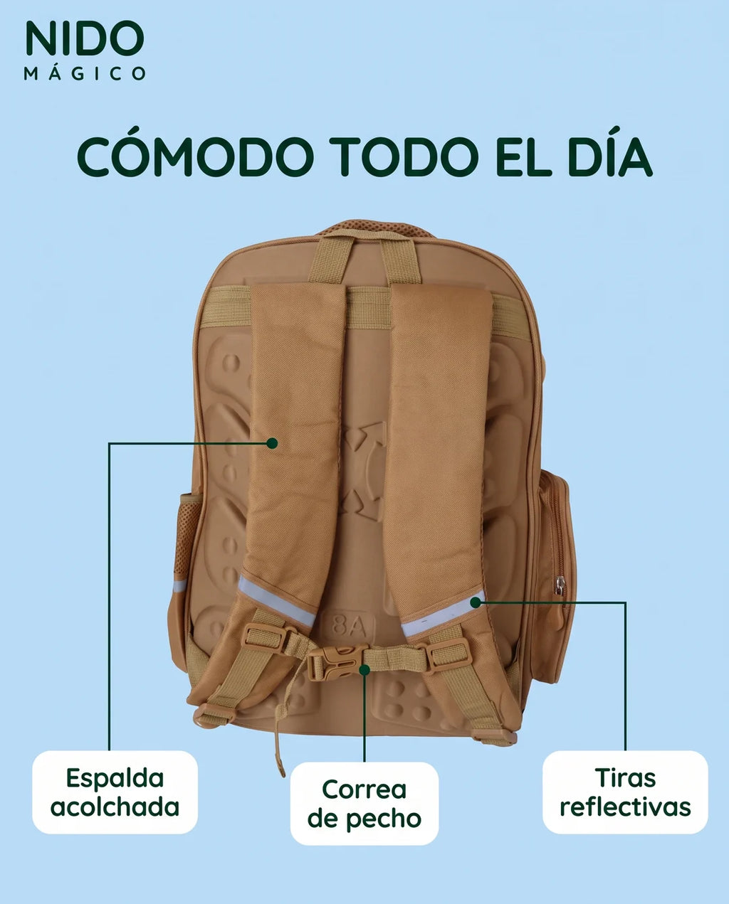 Espalda acolchada, correa de pecho y tiras reflectivas del morral