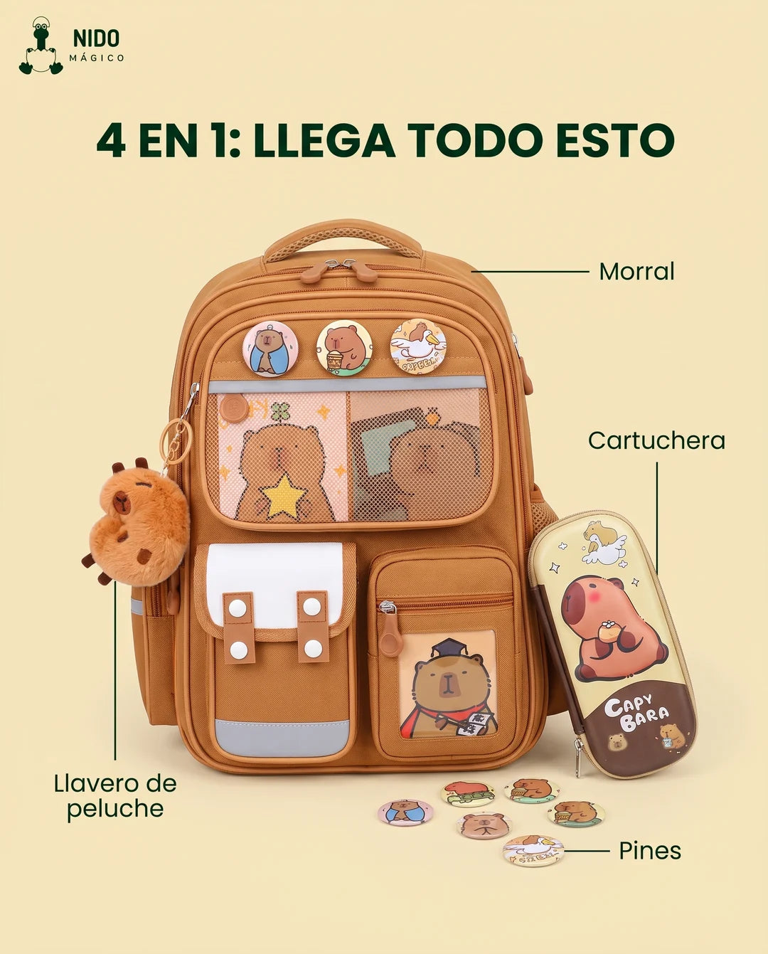 Lo que trae el set: morral, cartuchera, pines y llavero de peluche