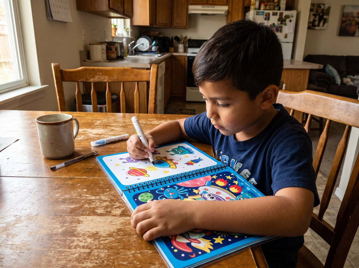 Niño de seis años pintando el Libro Mágico de Agua en la mesa de su casa