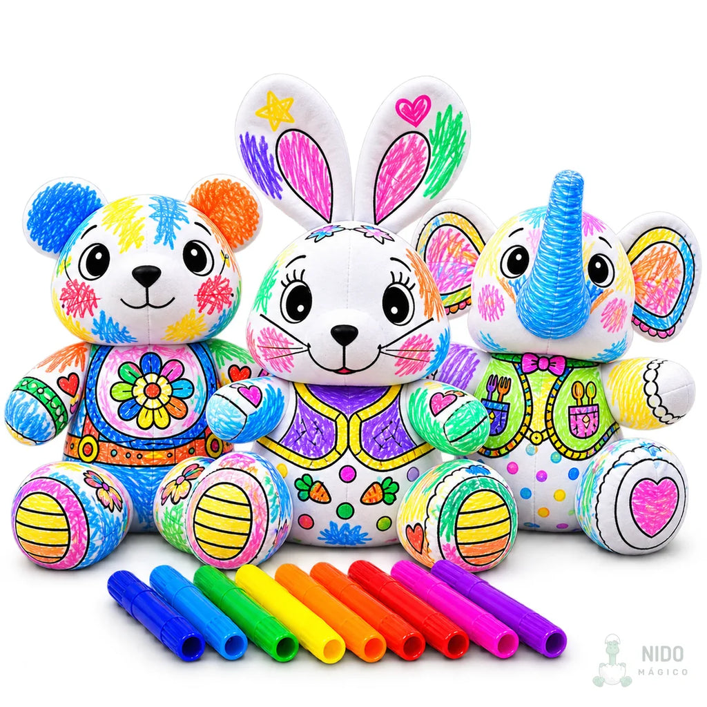 Los tres peluches ya coloreados con los marcadores