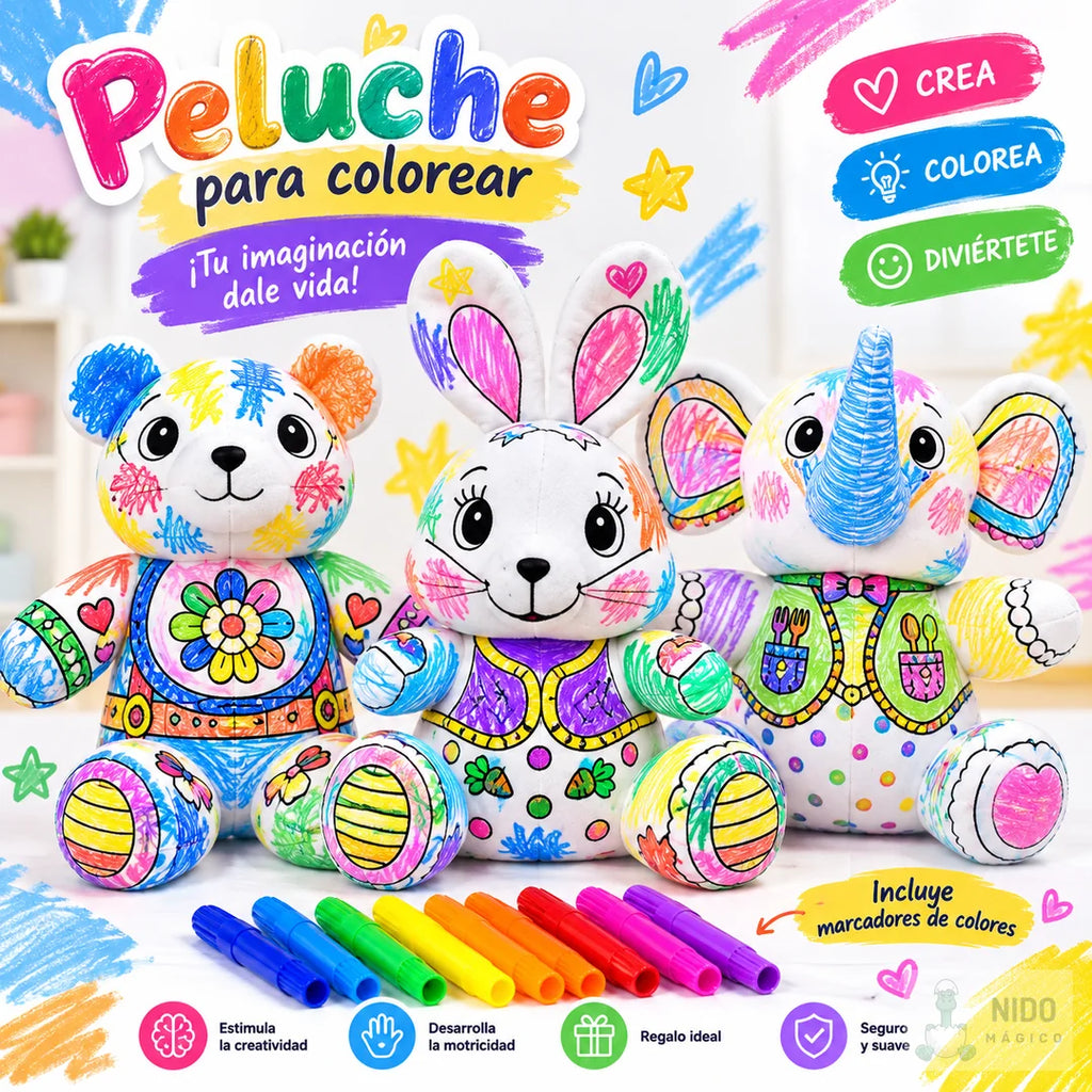 Peluche para colorear: oso, conejo y elefante con marcadores incluidos