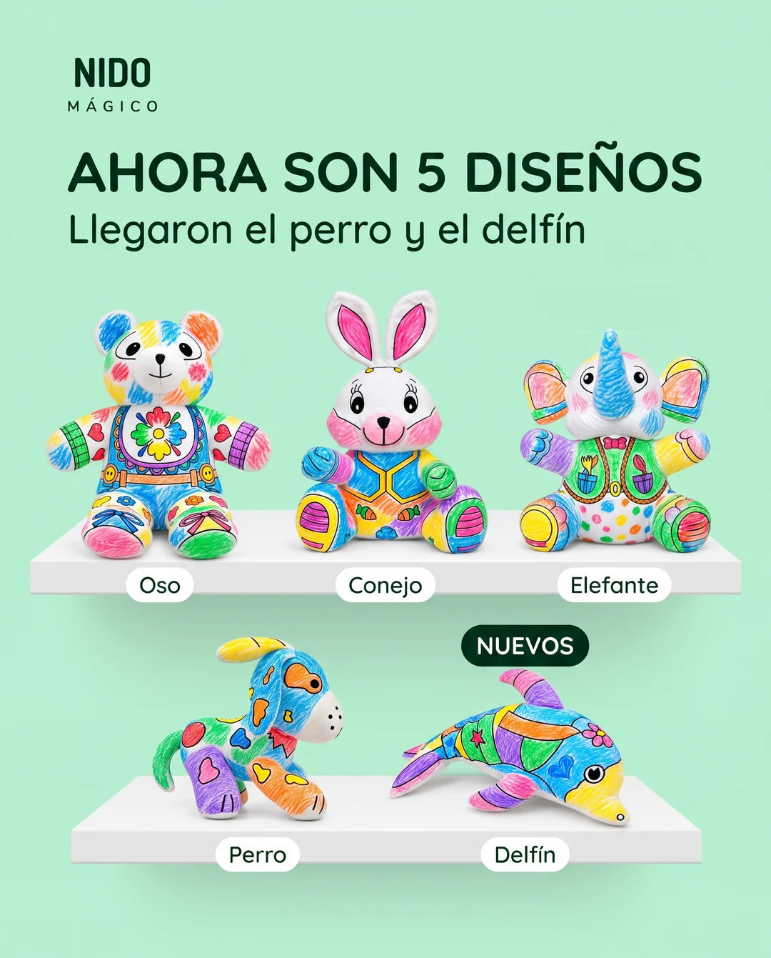 Los cinco diseños: oso, conejo, elefante, perro y delfín