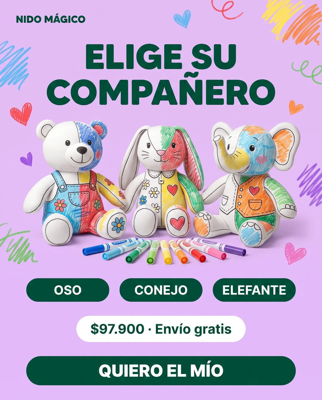 Los tres diseños del peluche para colorear: oso, conejo y elefante