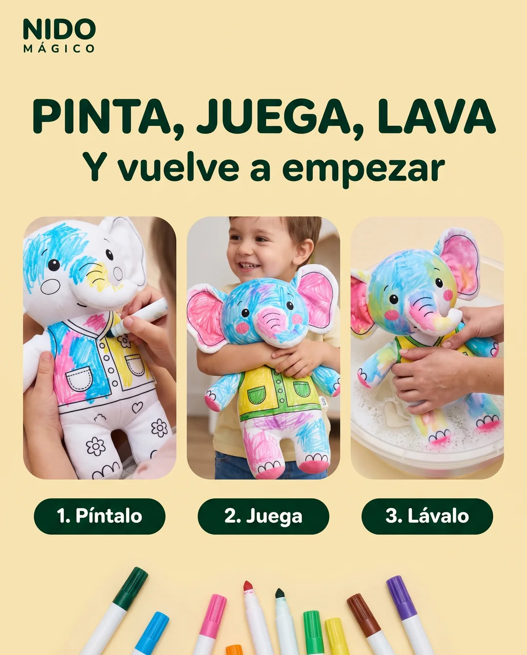 Se pinta el peluche, se juega con él y se lava para volver a empezar