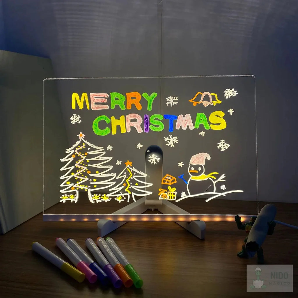 Tablero LED encendido con un dibujo de Navidad brillando