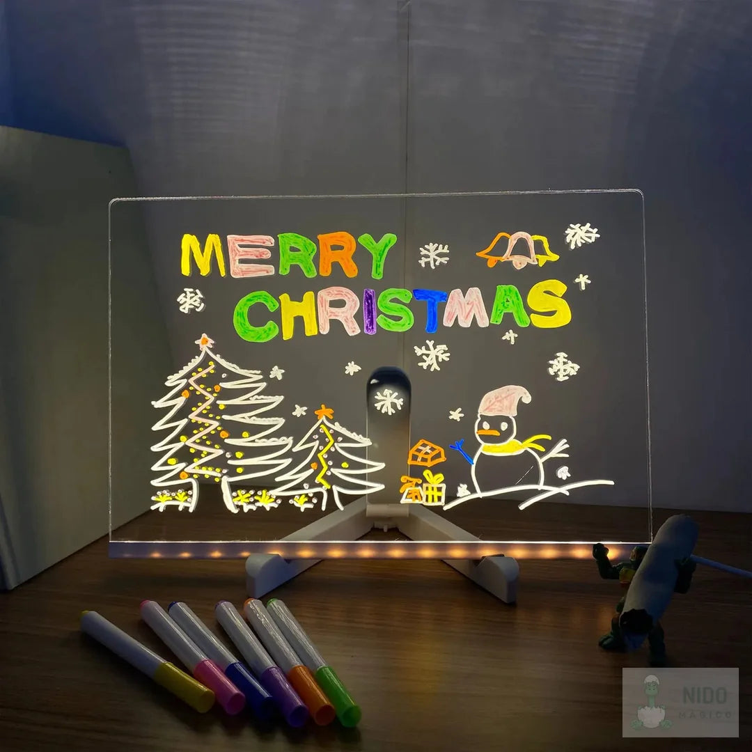 Tablero LED encendido con un dibujo de Navidad brillando