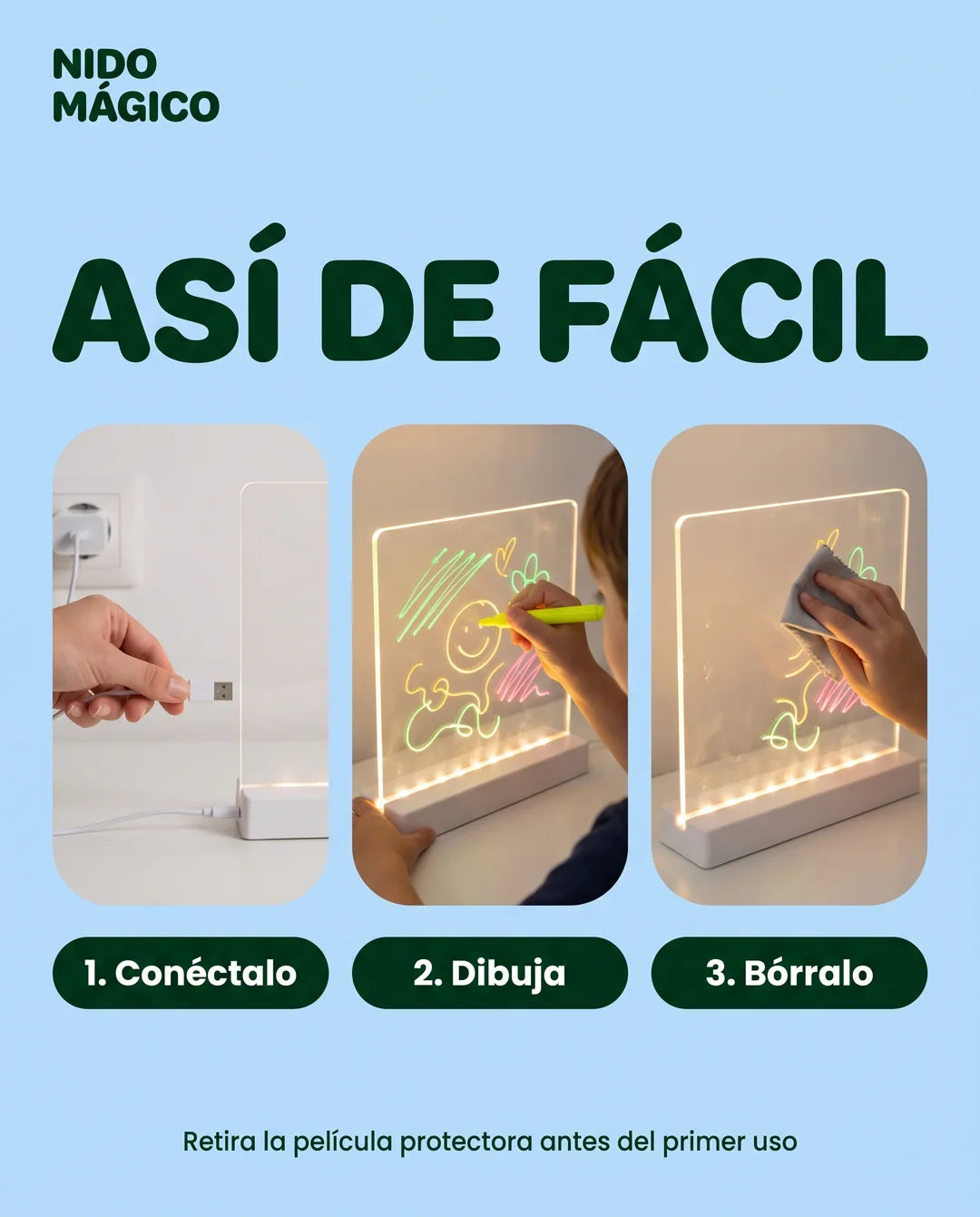 Se conecta por USB, se dibuja y se borra con el paño