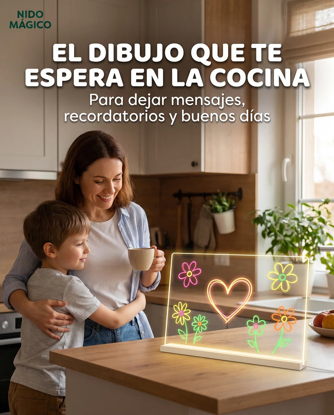 Un dibujo brillando en el tablero LED en la cocina