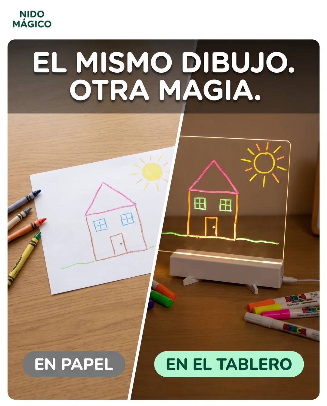 El mismo dibujo en papel y brillando en el tablero LED