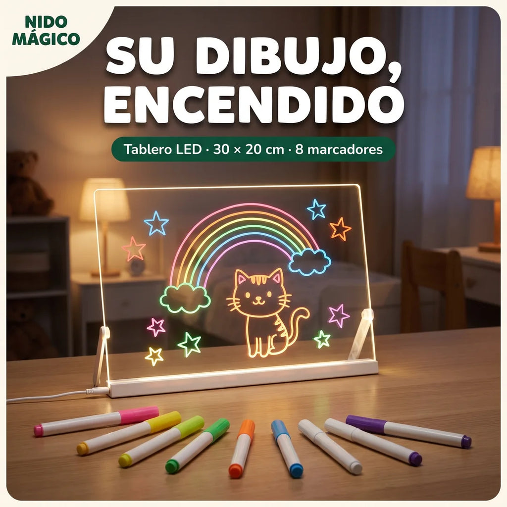 Tablero LED encendido con un arcoíris y un gato brillando, y sus 8 marcadores