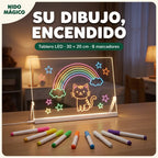 Tablero LED encendido con un arcoíris y un gato brillando, y sus 8 marcadores