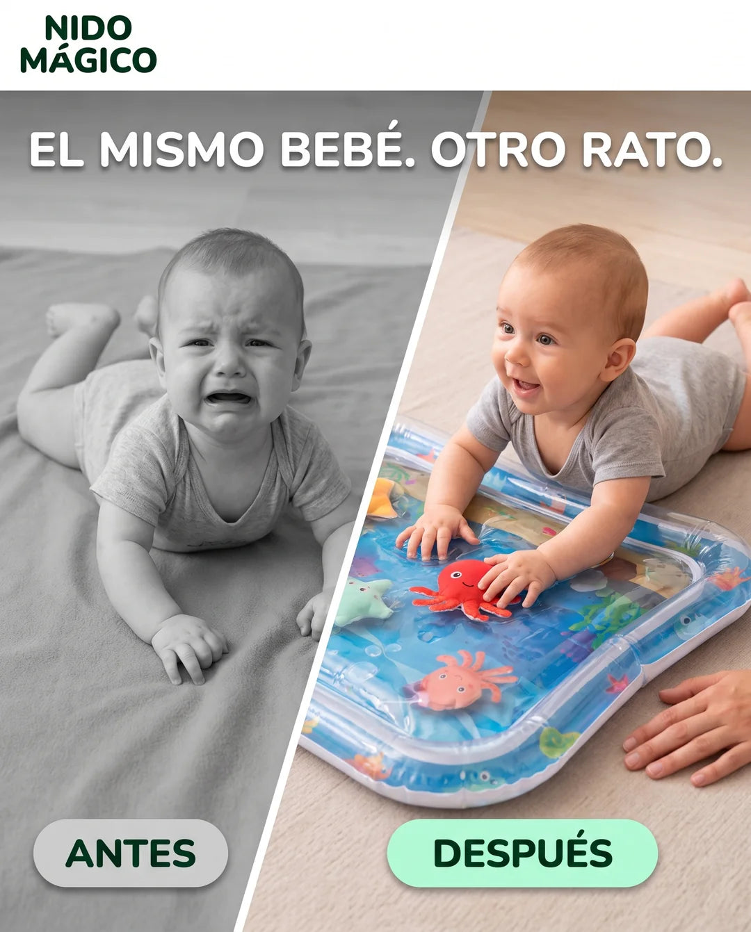 Antes el bebé llora boca abajo en una manta, después juega tranquilo en el tapete de agua
