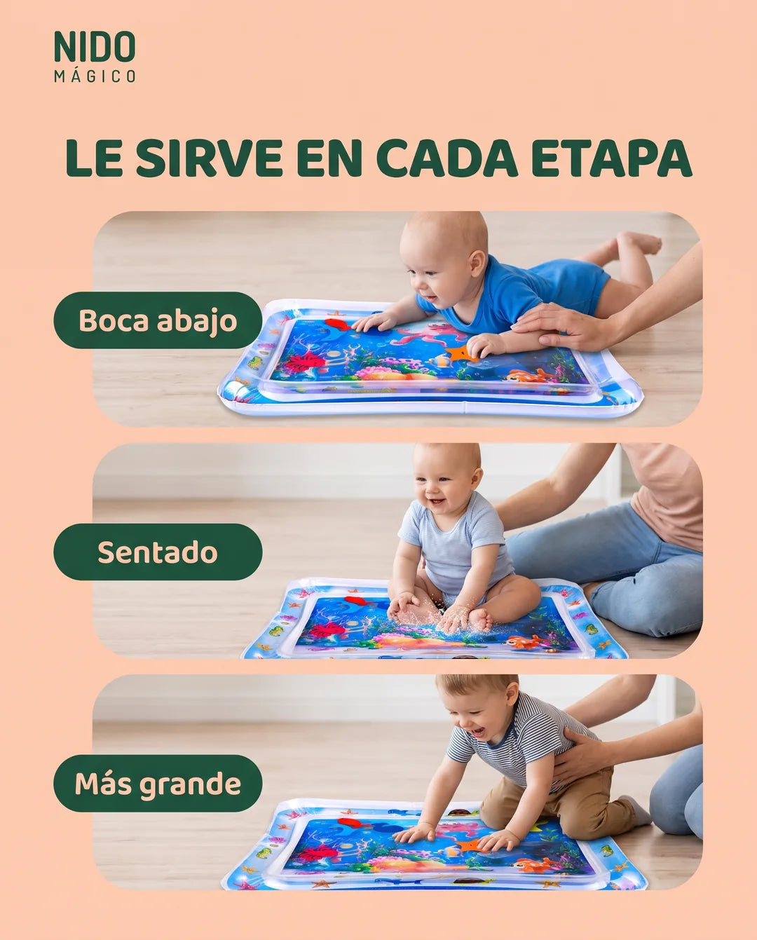 El tapete de agua boca abajo, sentado y cuando el niño es más grande